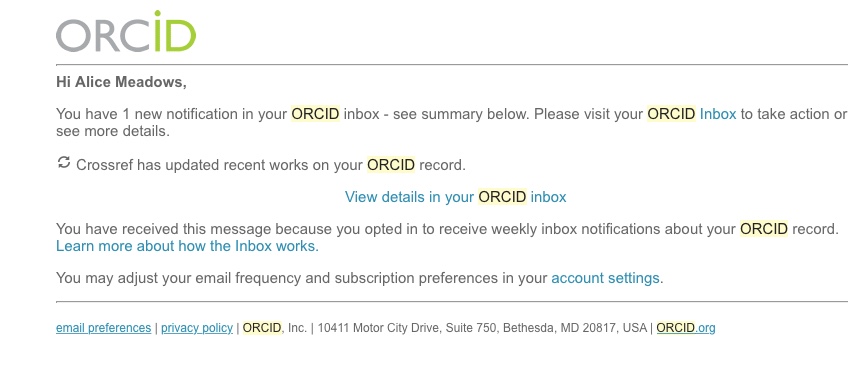 Crossref notification email
