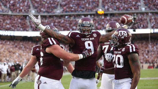 Texas A&M wide receiver Ricky Seals-Jones celebrates a touchdown reception, 2015. Photo by Matt Sachs, TexAgs.