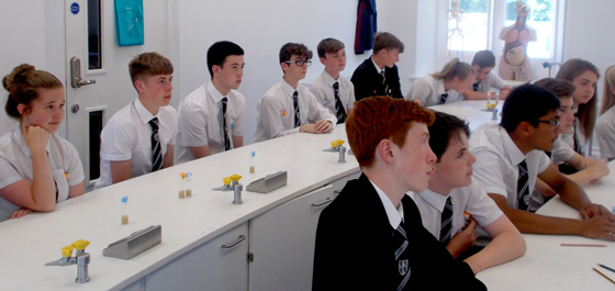 Photo of school students with vials of Drosophila